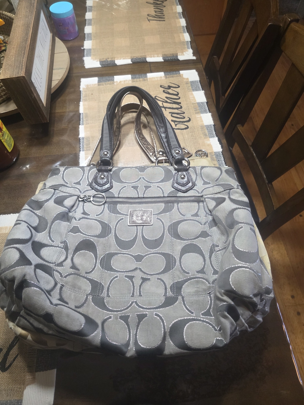 Gray Signature-Pattern Tote Bag with Dual Handles